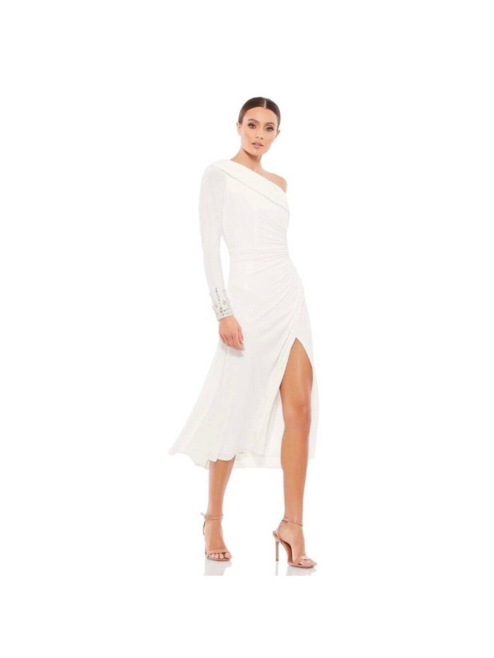 Mac Duggal White One Shoulder Crystal Cuff Midi  Dress Size 4